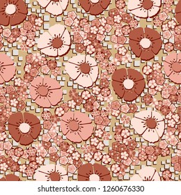 A seamless pattern consisting of copper flowers arranged against a scattering of squares.