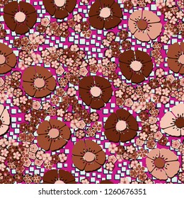 A seamless pattern consisting of copper flowers arranged against a scattering of squares.