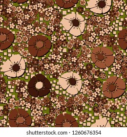 A seamless pattern consisting of copper flowers arranged against a scattering of squares.