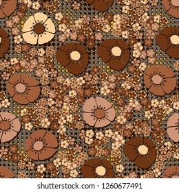A seamless pattern consisting of copper flowers arranged against a scattering of squares.