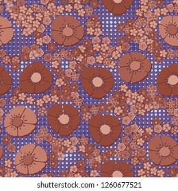 A seamless pattern consisting of copper flowers arranged against a scattering of squares.