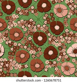 A seamless pattern consisting of copper flowers arranged on a background of squares made with wavy lines.