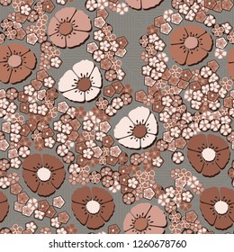 A seamless pattern consisting of copper flowers arranged on a background of squares made with wavy lines.