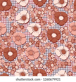 A seamless pattern consisting of copper flowers arranged against the background of round brush strokes and rows of rounded squares.