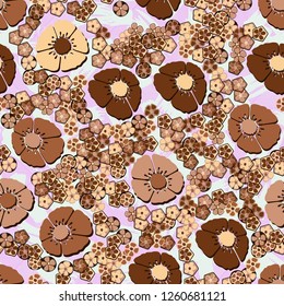 A seamless pattern consisting of copper flowers arranged against the background of brush strokes and striped rhombuses.