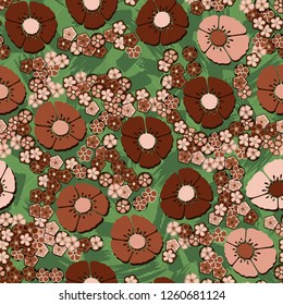 A seamless pattern consisting of copper flowers arranged against the background of brush strokes and striped rhombuses.