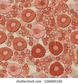 A seamless pattern consisting of copper flowers arranged against the background of brush strokes and striped rhombuses.