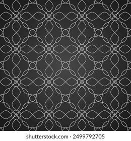 Seamless pattern consisting of curved lines with flower shapes on a dark gray background. Suitable for various decoration designs, textiles, fabrics, wallpapers, backdrops, etc.