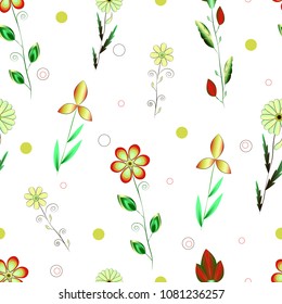 Seamless pattern consisting of decorative cartoon cute flowers in random order, ornament in bright vivid summer red, green and yellow colors. Vector illustration for decor, hand made, print on textile