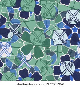 Seamless pattern consisting of drawn kitchen utensils, with a background texture. Editable.