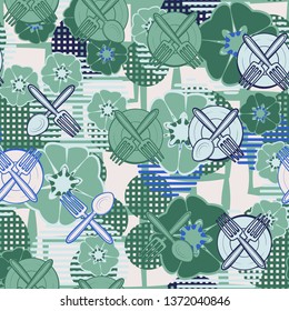 Seamless pattern consisting of drawn kitchen utensils, with a background texture. Editable.