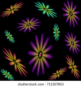 Seamless pattern consisting of embroidered colorful flowers on back background. Vector illustration.