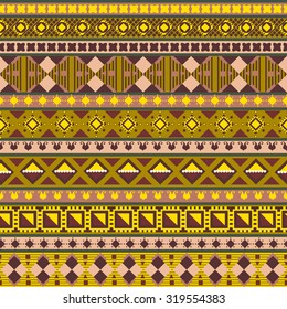 Seamless pattern consisting of ethnic patterns, with a yellow background. Vector illustration. Print on textiles, ceramics, wallpaper.