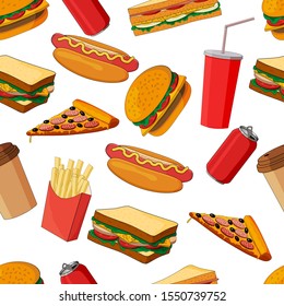 Seamless pattern consisting of fast food images.There are Burger,pizza,sandwiches and drinks.Can be used for various kinds of design, calligraphy and wrapping paper.