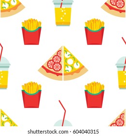 Seamless pattern consisting of fast food, drawn in a flat style for wrapping paper or for printing on fabric. Fries pizza and a beverage composition isolated on white background, the background.