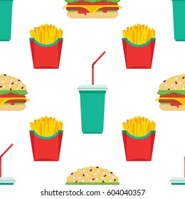 Seamless pattern consisting of fast food, drawn in a flat style for wrapping paper or for printing on fabric.