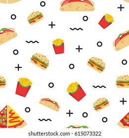 Seamless pattern consisting of fast food, drawn in a flat style for wrapping paper or for printing on fabric.