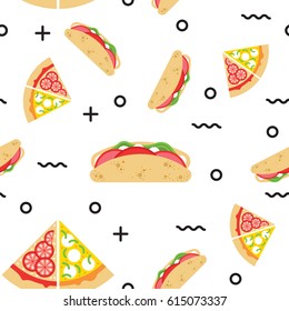 Seamless pattern consisting of fast food, drawn in a flat style for wrapping paper or for printing on fabric.