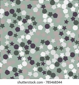 A seamless pattern consisting of five-pointed stars, pentagons and circles.
Texture of six colors. Autumn shades.