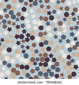 A seamless pattern consisting of five-pointed stars, pentagons and circles.
Texture of six colors. Autumn shades.