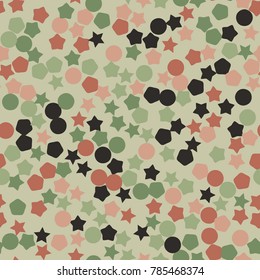 A seamless pattern consisting of five-pointed stars, pentagons and circles.
Texture of six colors. Autumn shades.