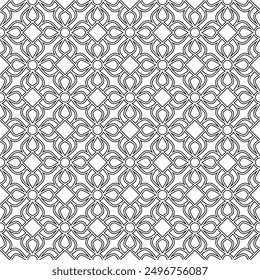 Seamless pattern consisting of floral lines arranged symmetrically and repeating on a white background. Suitable for various design purposes such as textiles, tiles, wallpapers, backgrounds, etc.