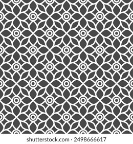 Seamless pattern consisting of flower shapes and ring circles in the middle on a dark gray background. Suitable for various design purposes such as textiles, tiles, wallpapers, backdrops, etc.