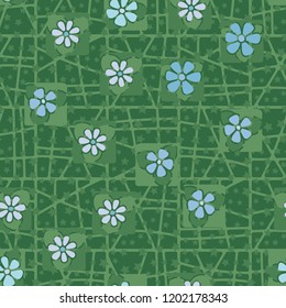Seamless pattern consisting of flowers, five-pointed stars and a grid.