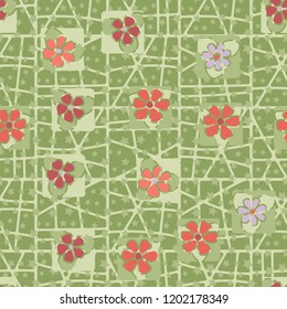 Seamless pattern consisting of flowers, five-pointed stars and a grid.