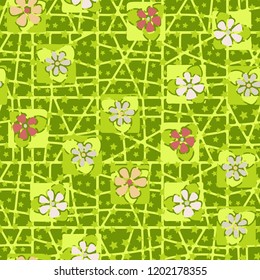 Seamless pattern consisting of flowers, five-pointed stars and a grid.