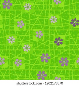 Seamless pattern consisting of flowers, five-pointed stars and a grid.