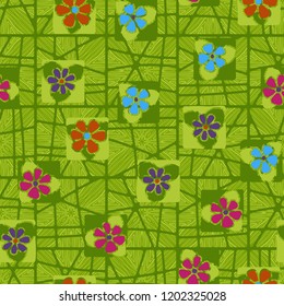 Seamless pattern consisting of flowers and grid on the background of the wood flooring texture.