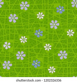 Seamless pattern consisting of flowers and a grid on a background of curved lines.