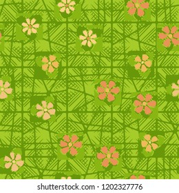 Seamless pattern consisting of flowers and a grid on the background of the wafer structure.