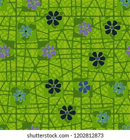 Seamless pattern consisting of flowers and a grid on a background of curved lines.