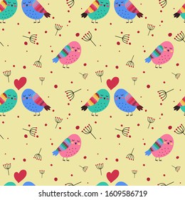 seamless pattern consisting of flowers and leaves and birds