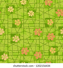 Seamless pattern consisting of flowers, a network and five-pointed stars.