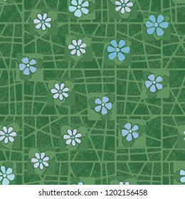 Seamless pattern consisting of flowers, a network and five-pointed stars.