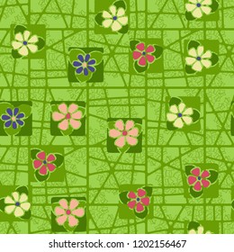 Seamless pattern consisting of flowers, a network and five-pointed stars.