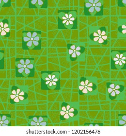 Seamless pattern consisting of flowers, a network and five-pointed stars.