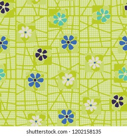 Seamless pattern consisting of flowers, a network and mutually perpendicular ovals.