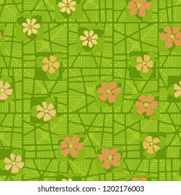 Seamless pattern consisting of flowers, rhombuses from careless lines and a grid.