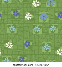 Seamless pattern consisting of flowers, rhombuses from careless lines and a grid.