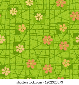Seamless pattern consisting of flowers, seven-pointed stars and a grid.