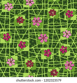 Seamless pattern consisting of flowers, seven-pointed stars and a grid.