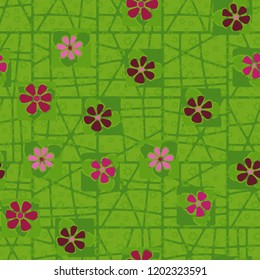 Seamless pattern consisting of flowers, seven-pointed stars and a grid.