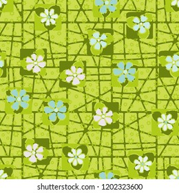 Seamless pattern consisting of flowers, seven-pointed stars and a grid.