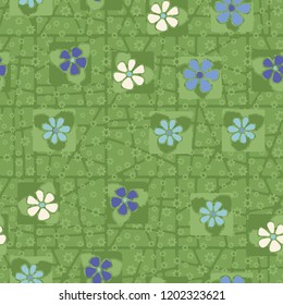 Seamless pattern consisting of flowers, seven-pointed stars and a grid.