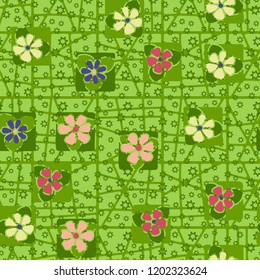 Seamless pattern consisting of flowers, seven-pointed stars and a grid.