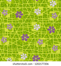 Seamless pattern consisting of flowers, squares and a grid.